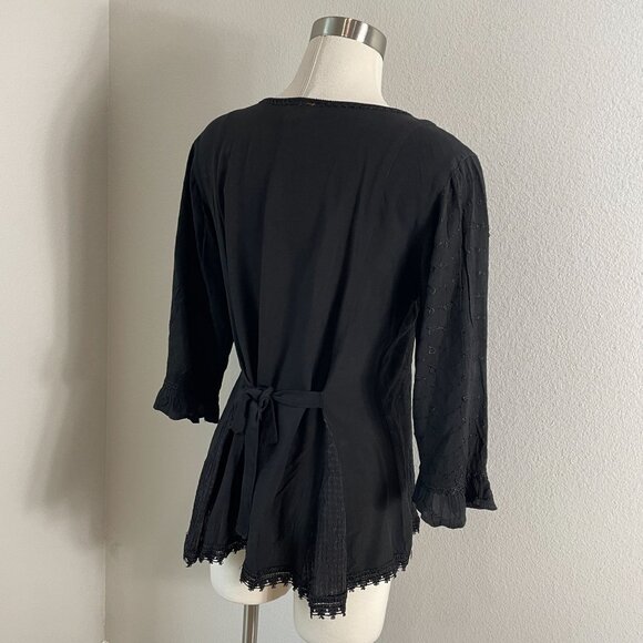 Scully Womens Small Black Embroidered Button Up Blouse 3/4 Sleeve Shirt Tie Back - Picture 8 of 9